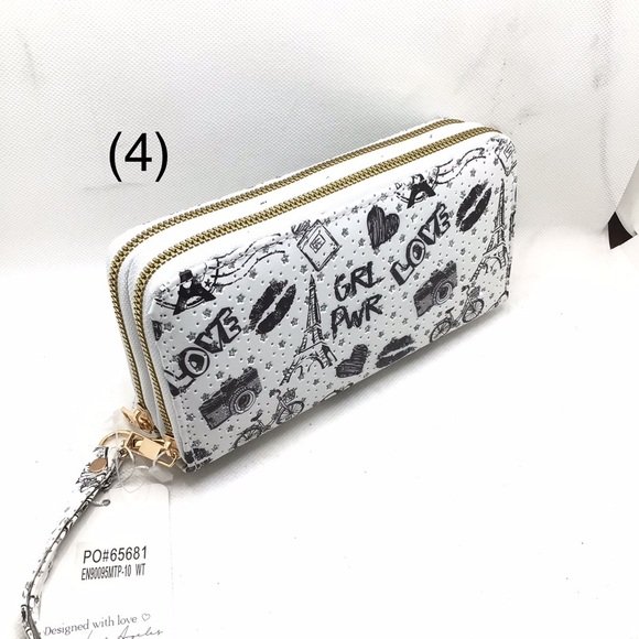 Blush Kiss Glitter Paris Eiffel Tower Butterfly Print Wristlet Wallet - Picture 7 of 10